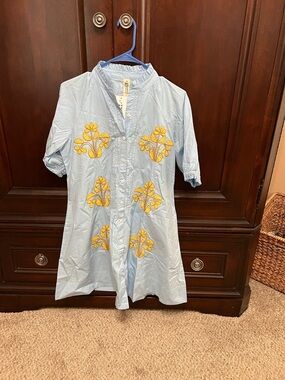 Uncle Frank Light Blue Tunic Dress with Yellow Floral Embroidery